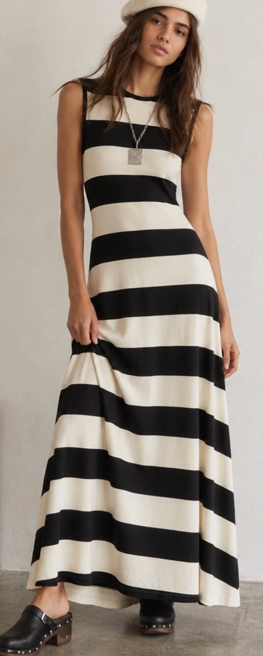 Polo Ralph Lauren Striped Maxi Dress Size M Black Ivory Sleeveless